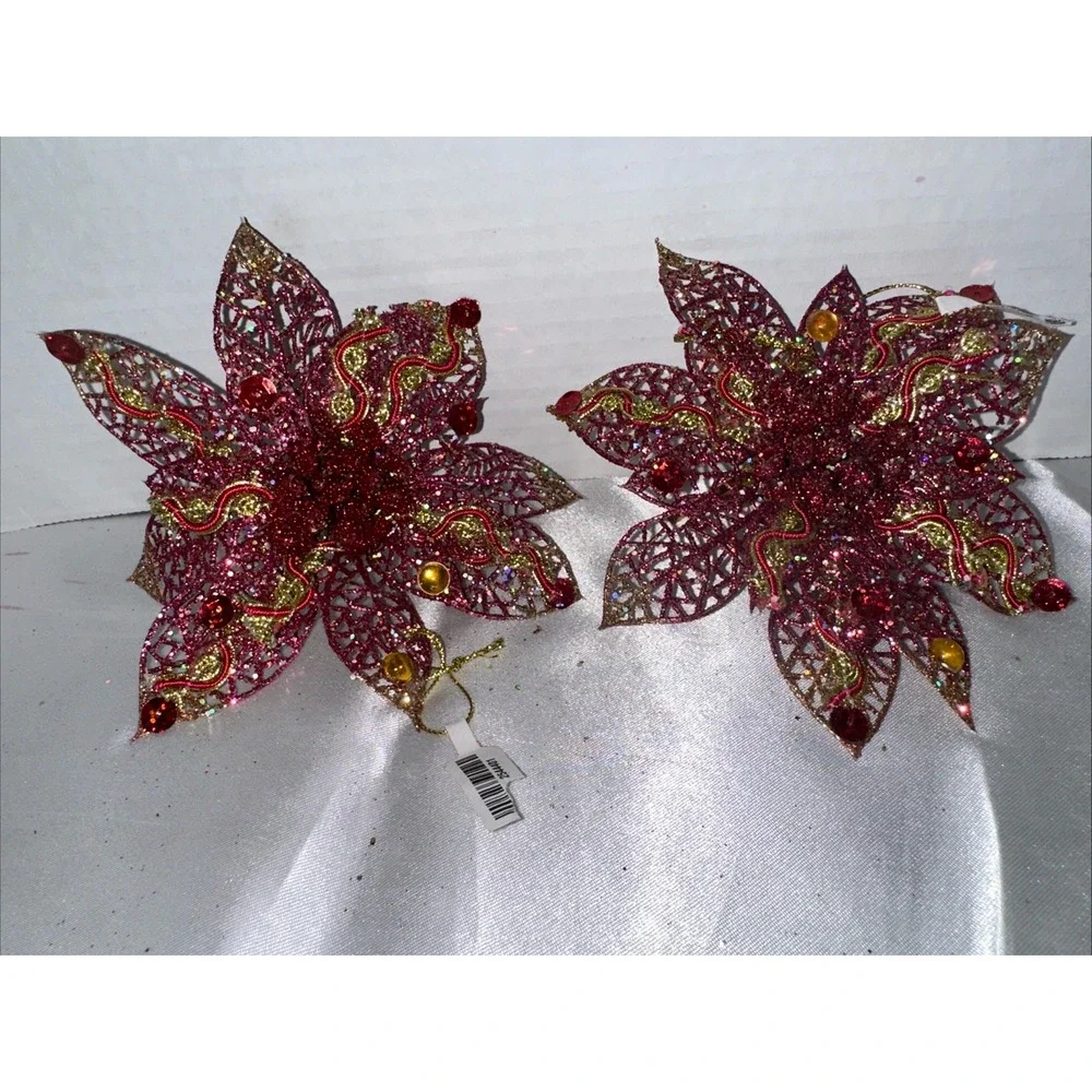 Vtg Pier One Gold Poinsettia Clip On Ornament Embellished Glitter Vintage NEW